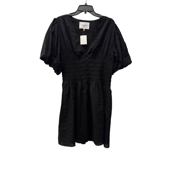 New Frame Women's Size XL Black Smocked Button-Down Dress Short Puff Sleeves - Picture 1 of 14